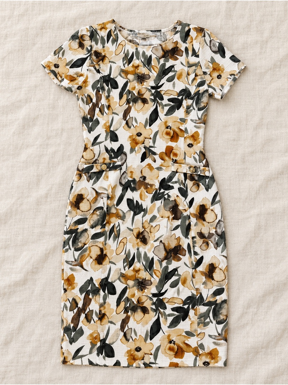Enfocus Studio Floral Sheath Dress in Mustard, Olive & Black